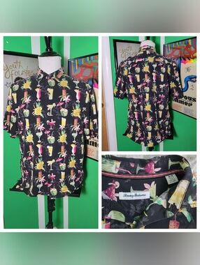 Tommy Bahama Silk Hawaiian Shirt Mens Medium Black Cocktail Tiki Print SS Btn Up